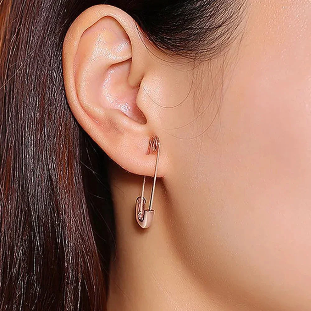 Minimalist Gold Safety Pin Earrings NEW - Picture 3 of 7